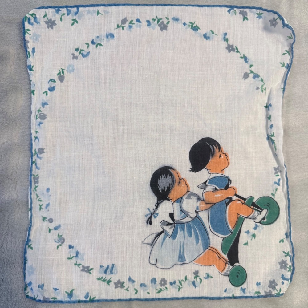 Vintage Children's‎ Scooter Handkerchief Blue Floral Border Cotton Hankie 11x11